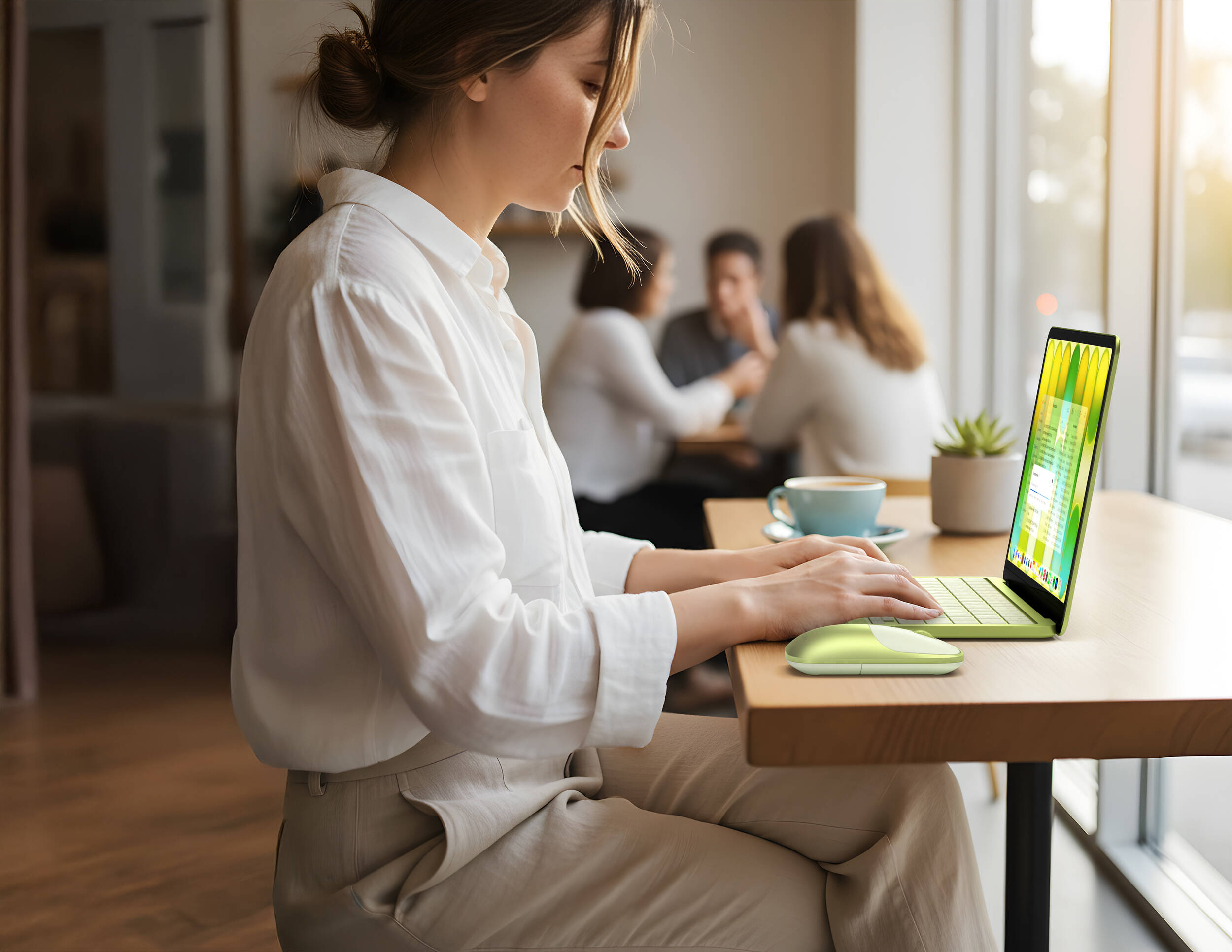 Une femme tape sur un ordinateur portable vert lime avec une souris. Des gens sont à l'arrière-plan.