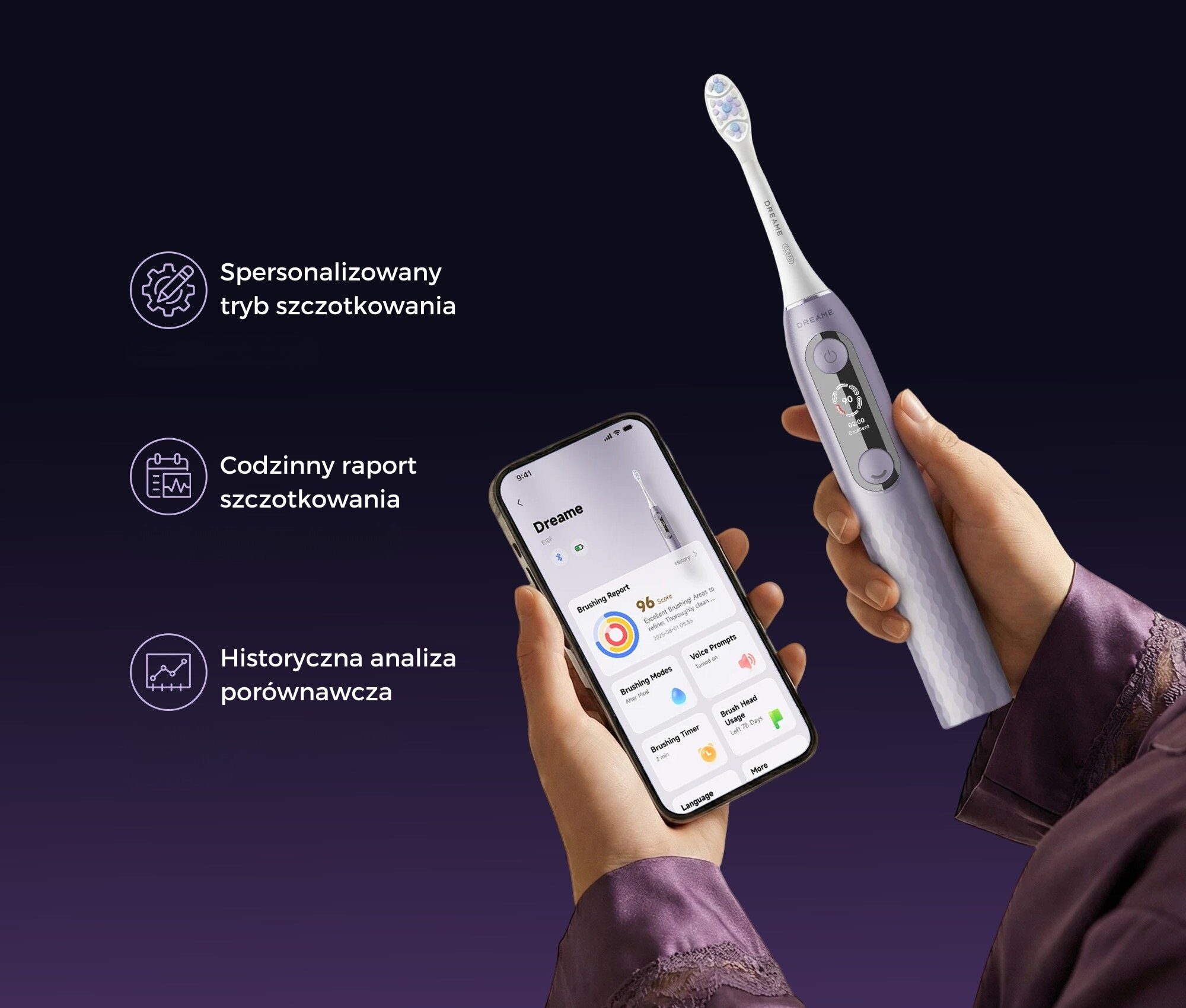 Osoba trzymająca elektryczną szczoteczkę do zębów i smartfon z aplikacją.