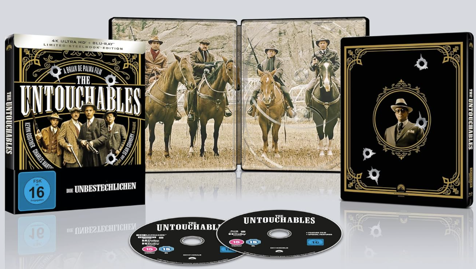 Steelbook-Edition von 'Die Unbestechlichen' mit vier Männern auf Pferden und zwei Discs.
