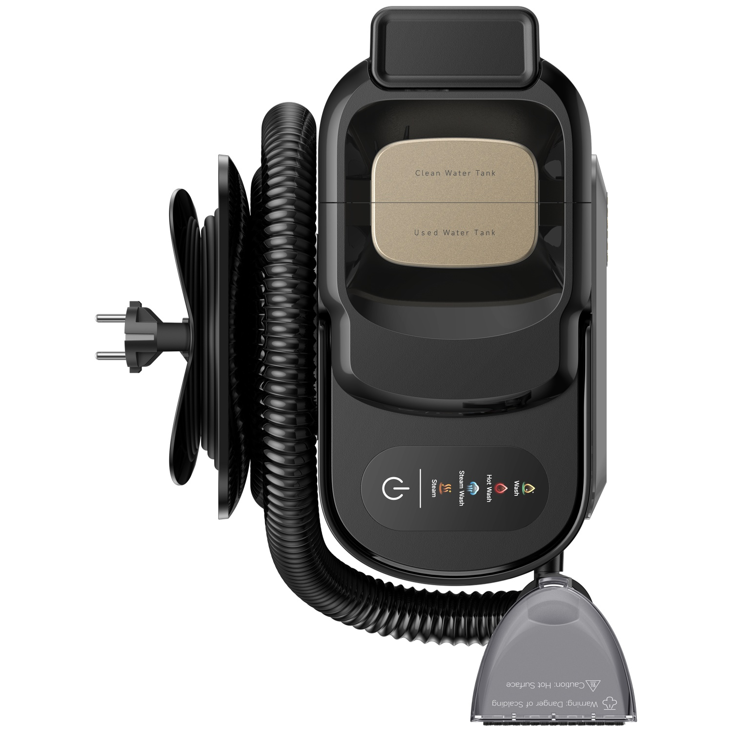 Black steam cleaner with water tanks and cord reel. Features power button.