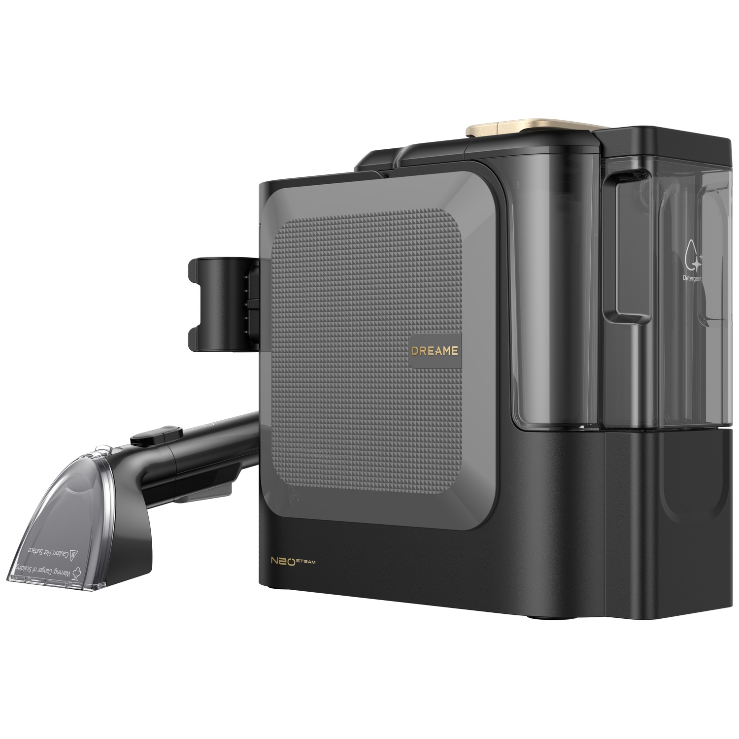 Black steam cleaner with transparent water tank and nozzle.