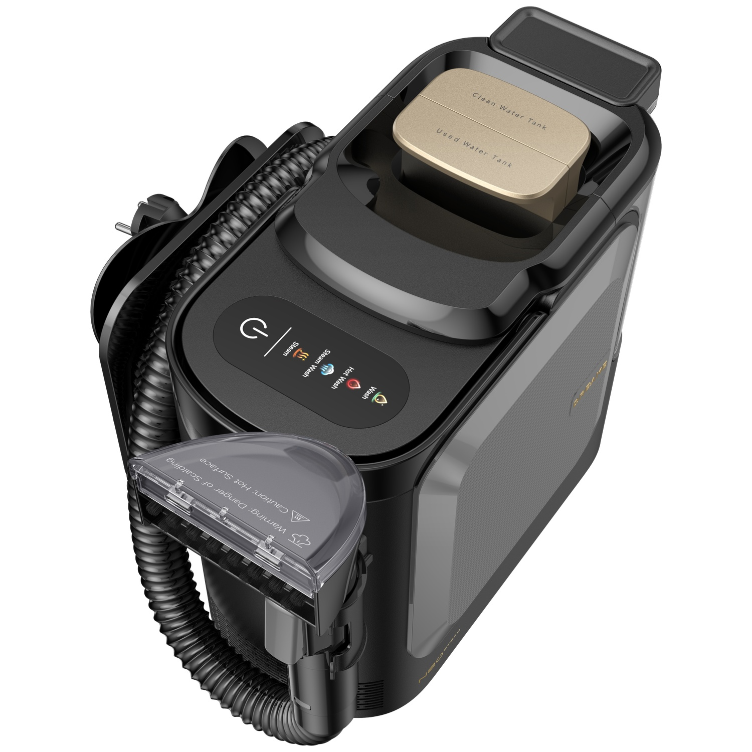 Black carpet cleaner with hose, brush head, and dual water tanks.