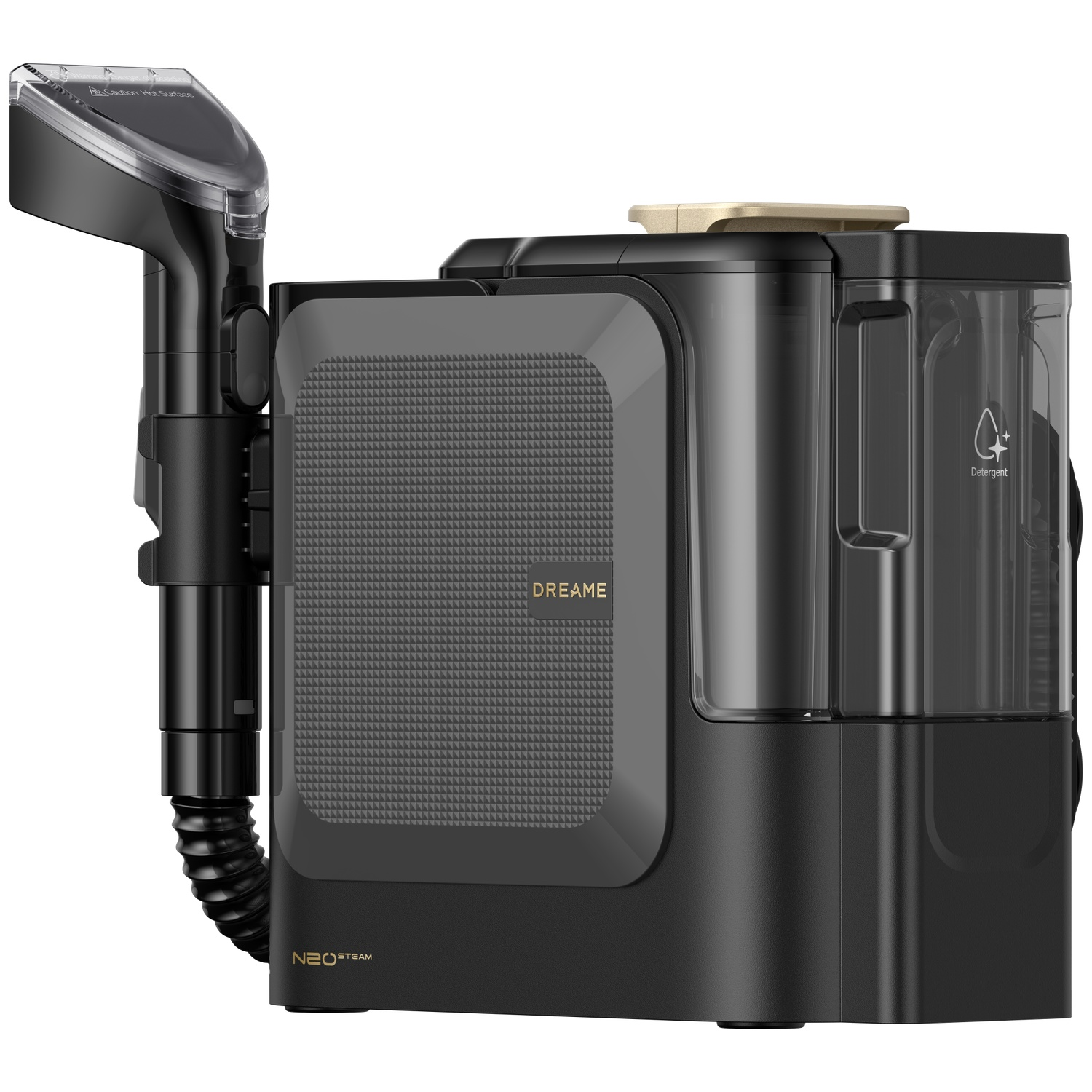 Black steam cleaner with a transparent detergent tank and an attachment.