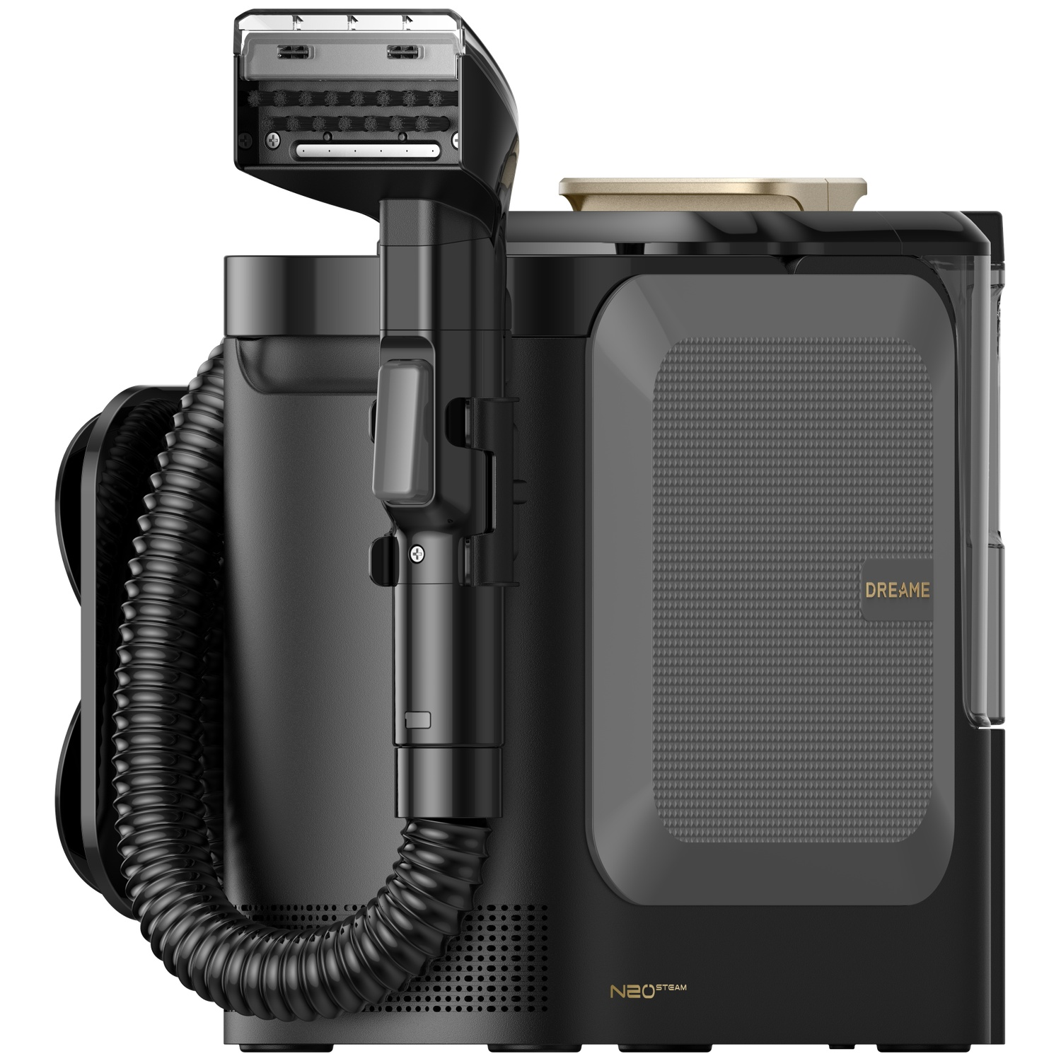 Black steam cleaner with hose, brush head, and transparent water tank.