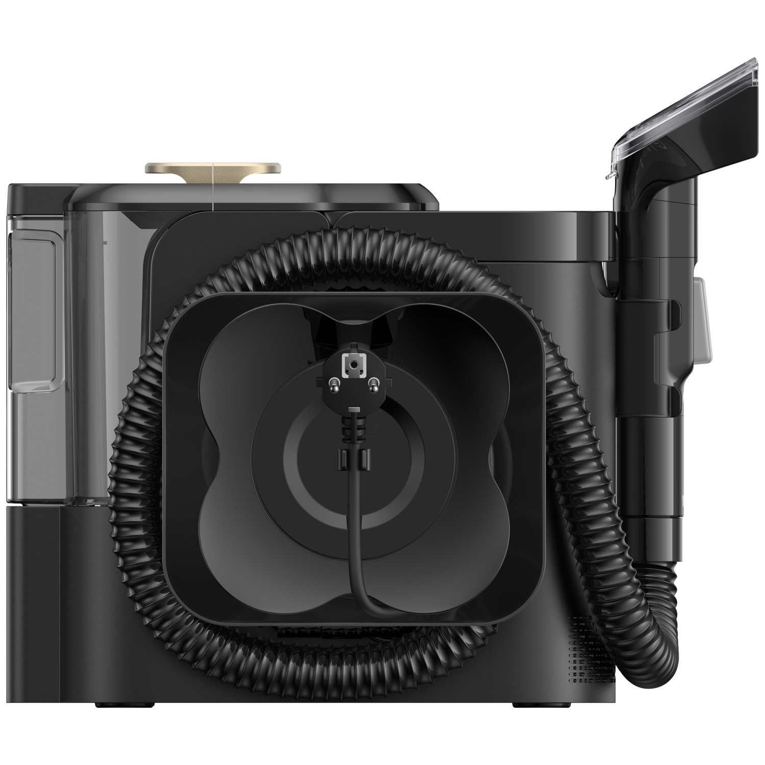 Black cleaner with hose and cord, rear view.