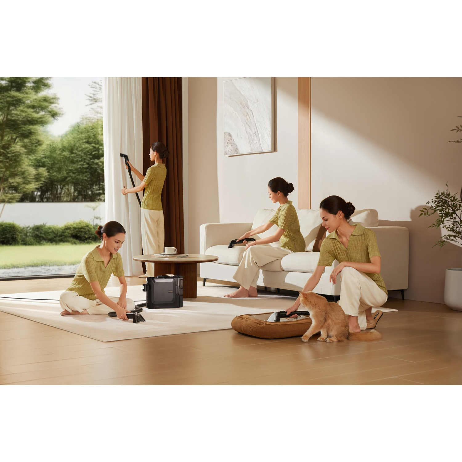 Four women clean a living room with a vacuum. One vacuums curtains, another a rug, and a third a cat bed.