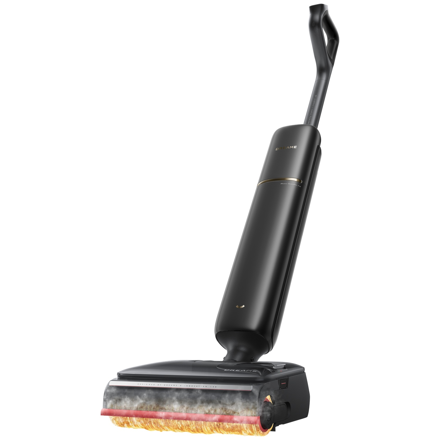 A black wet dry vacuum with a rotating brush head and steam.