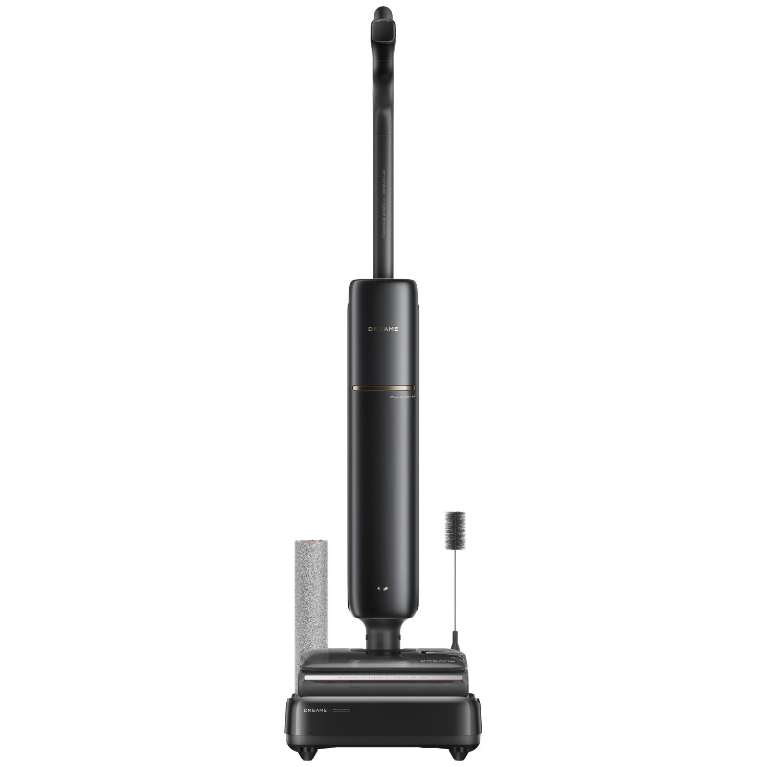 A black cordless wet/dry vacuum cleaner with accessories, on a white background.