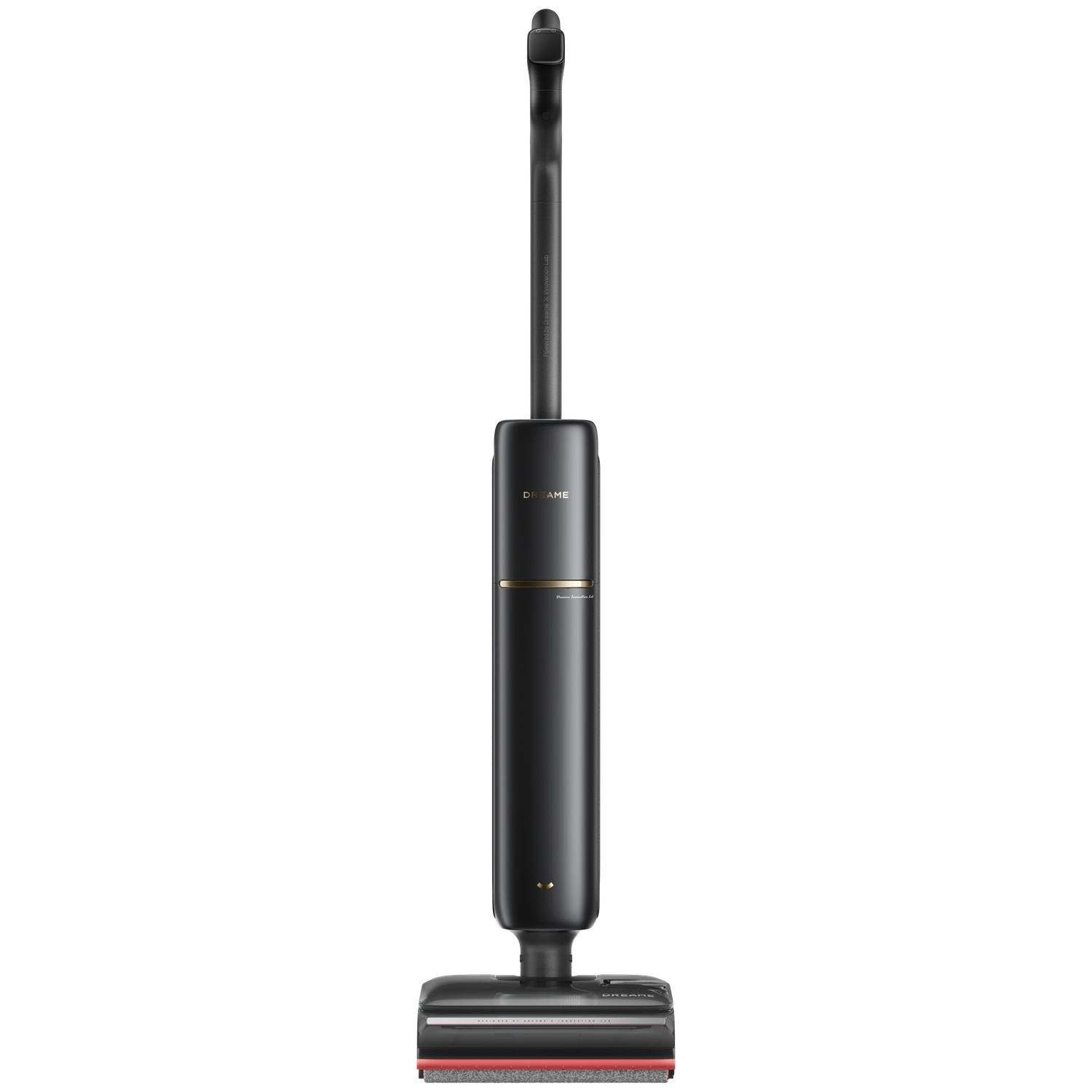A sleek, black cordless vacuum cleaner with silver accents stands upright.