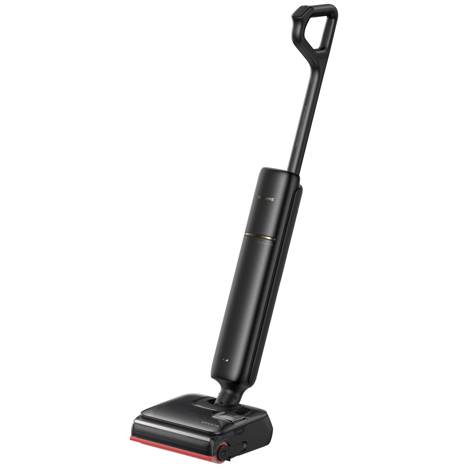 A sleek, black wet dry vacuum cleaner with a red brush head and ergonomic handle.