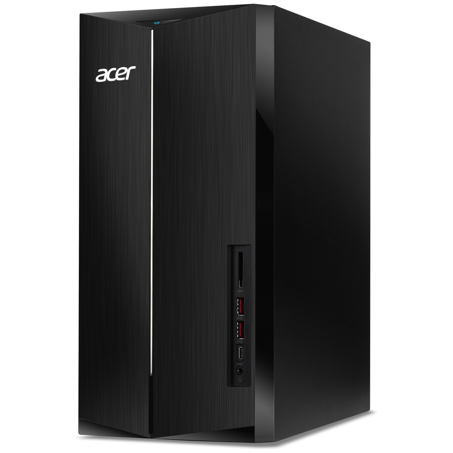 Zwarte Acer desktop toren met geborstelde afwerking en een verticale witte streep.