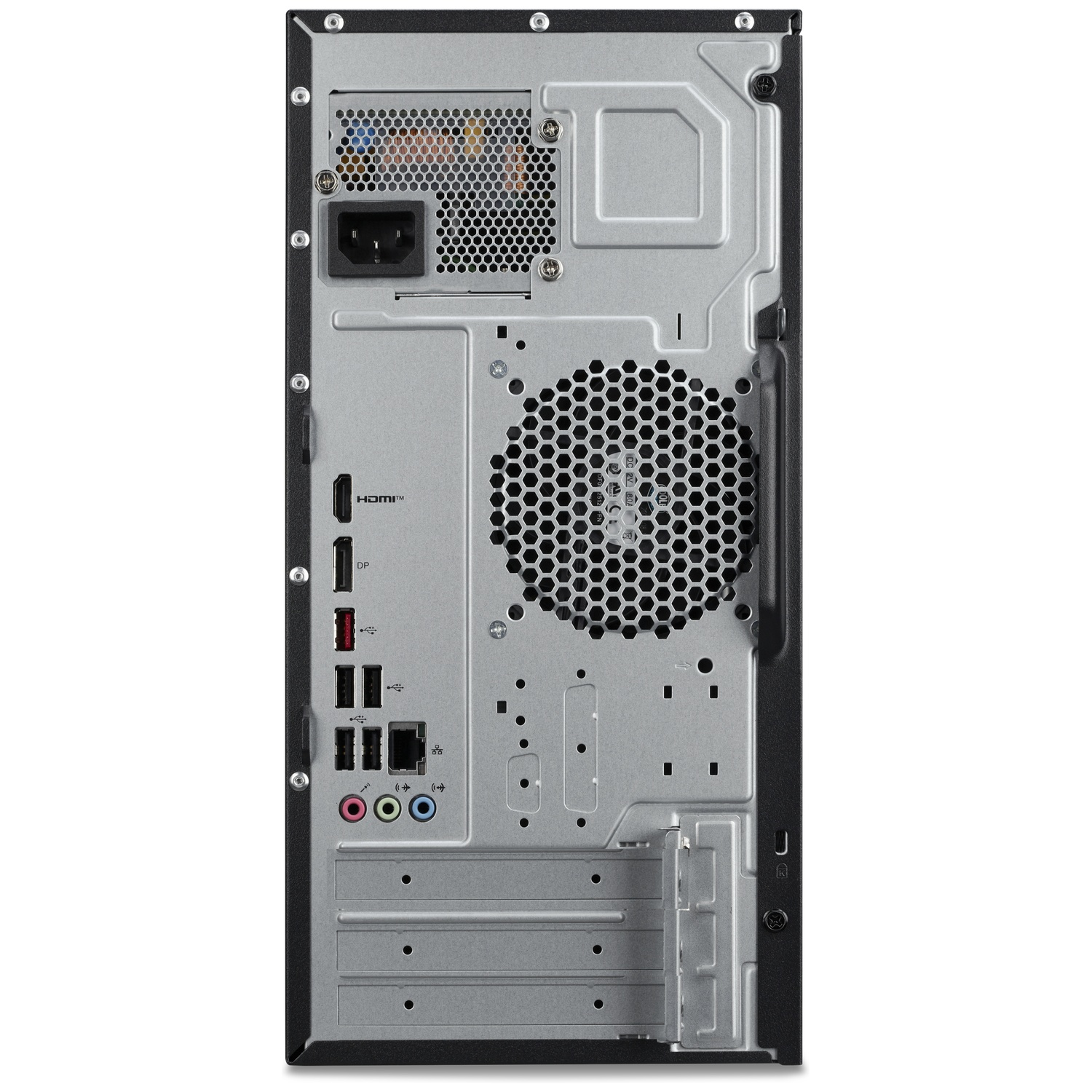 Achterkant van een pc met poorten: stroom, HDMI, DP, USB, netwerk en audio.