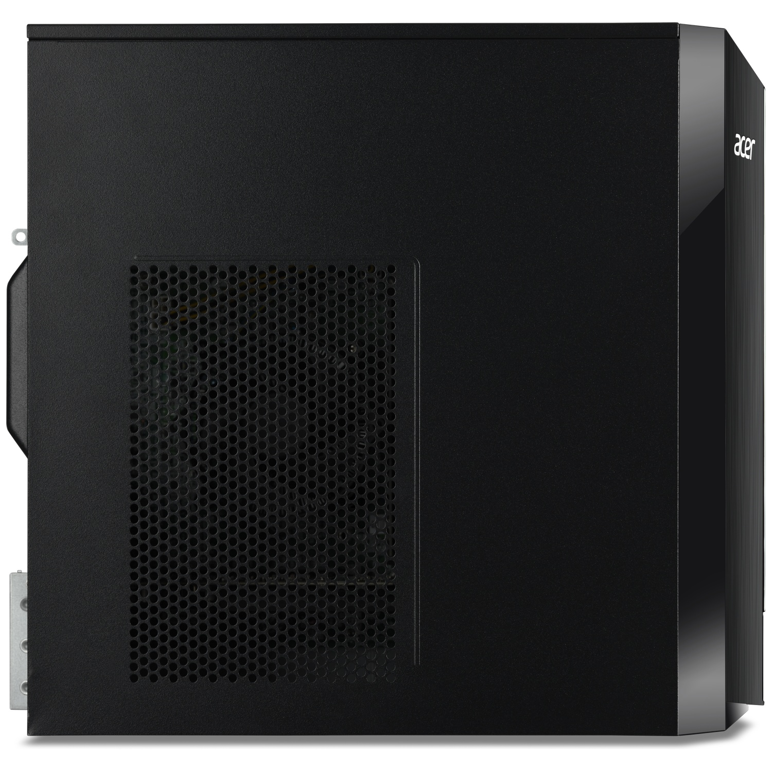 Zwarte Acer desktop computerkast met geventileerd zijpaneel en glanzende voorkant.