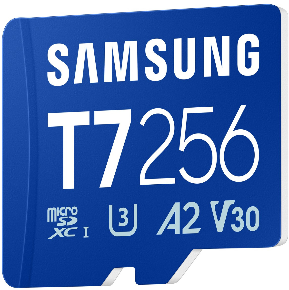 Niebieska karta MicroSD Samsung T7 256 GB z oznaczeniami U3, A2, V30.