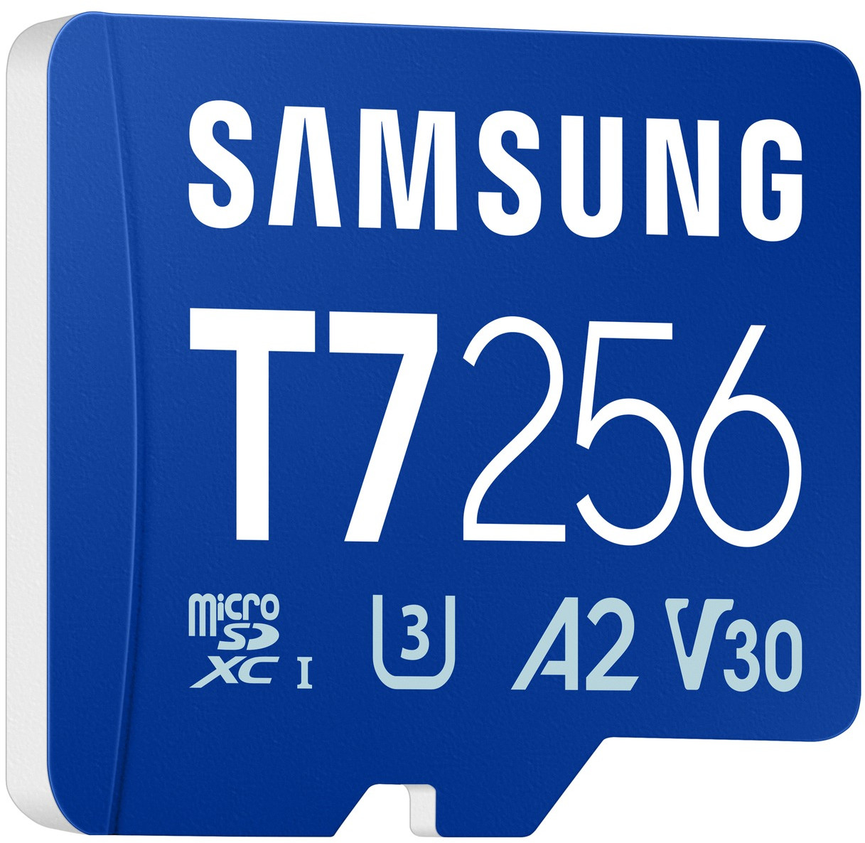 Niebieska karta MicroSD z oznaczeniem Samsung T7 256 GB, A2, V30.