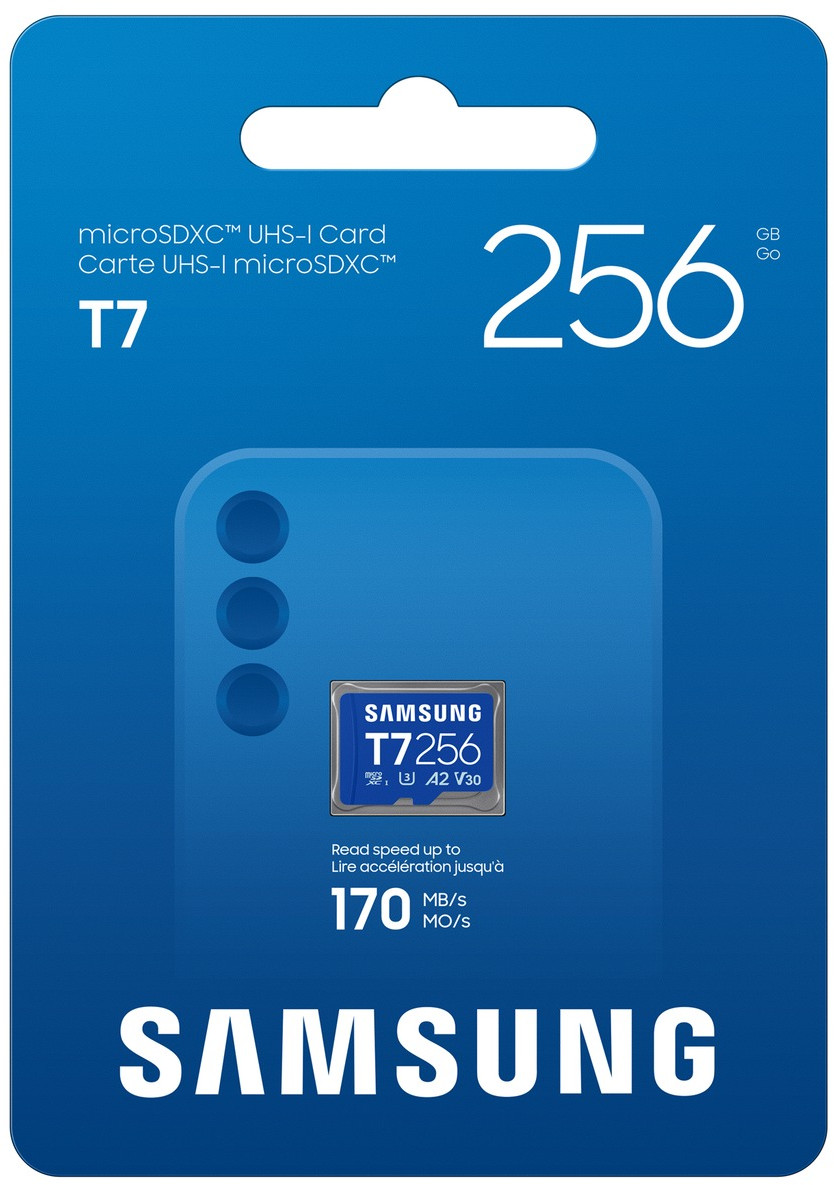Opakowanie karty Samsung 256 GB microSDXC UHS-I T7 z prędkością odczytu 170 MB/s.