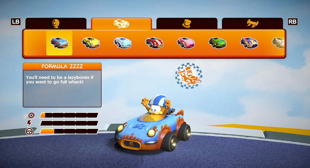 Garfield in einem blauen Rennwagen mit orangen Flammen, Auswahlmenü im Hintergrund.