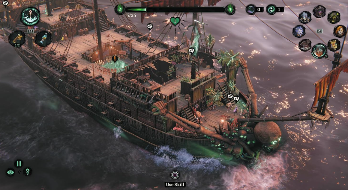 Ein Piratenschiff mit Totenkopf-Bug, das auf stürmischer See fährt.