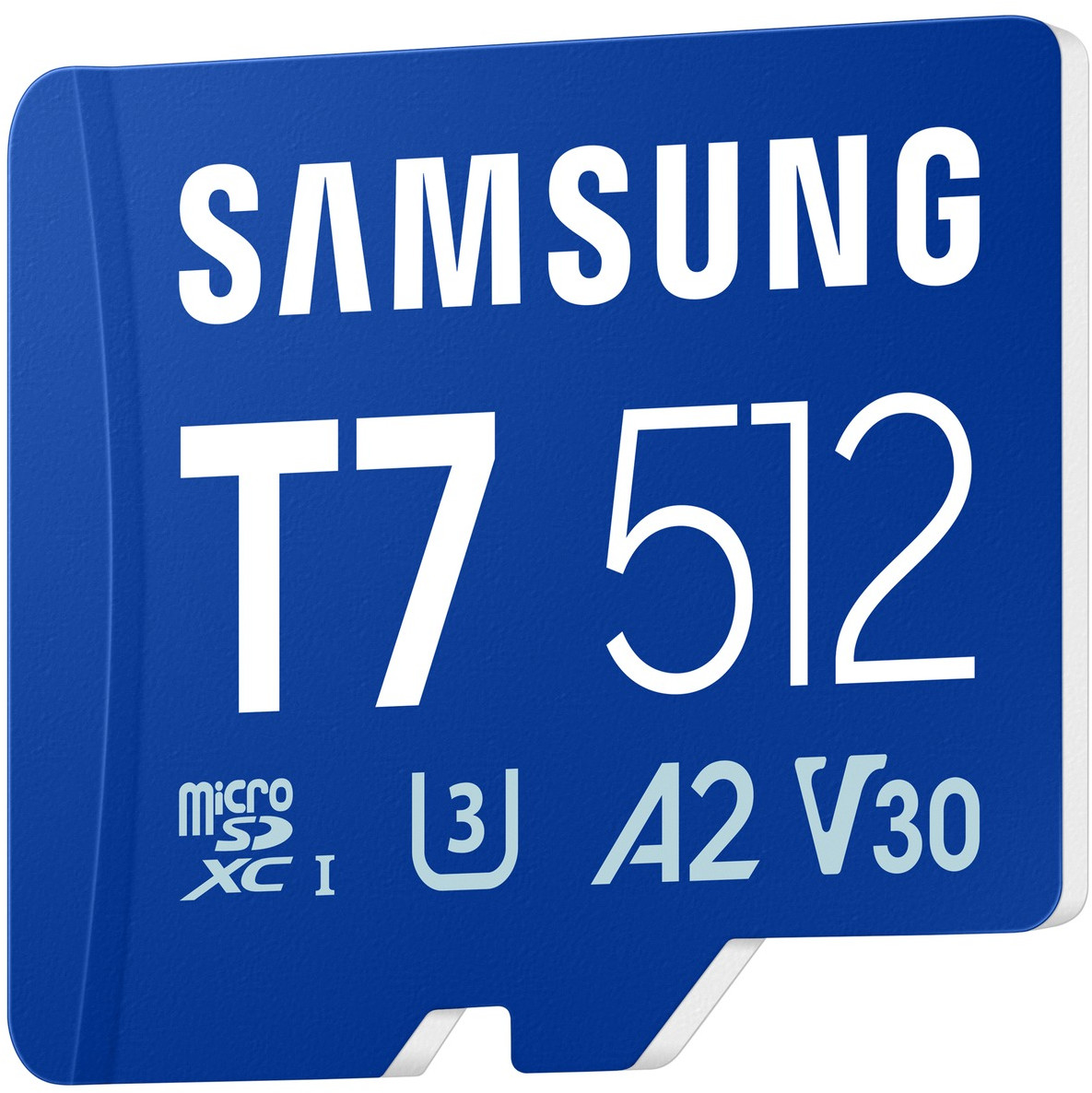 Niebieska karta MicroSDXC Samsung T7 512 GB z certyfikatem U3, A2, V30.