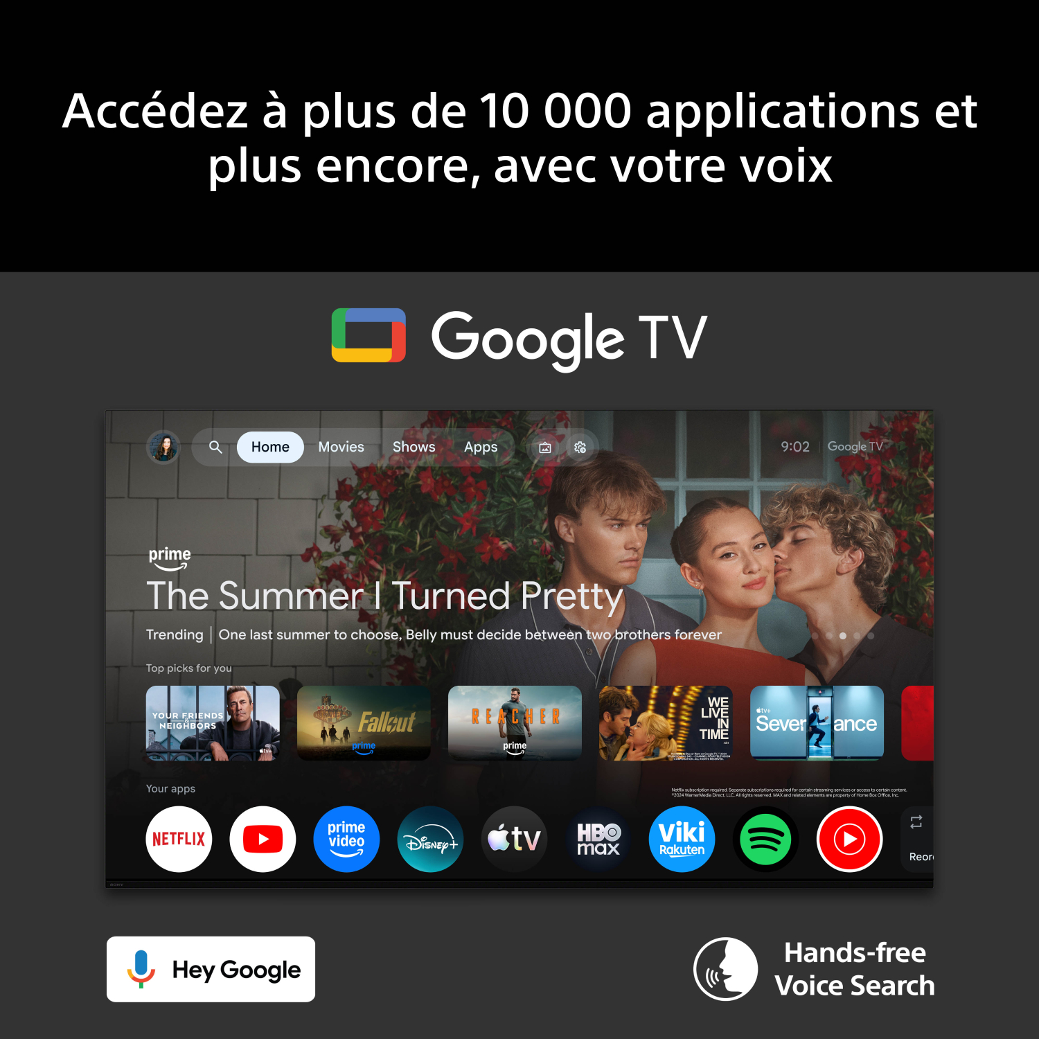 Interface Google TV montrant des séries tendances comme 'The Summer I Turned Pretty'.