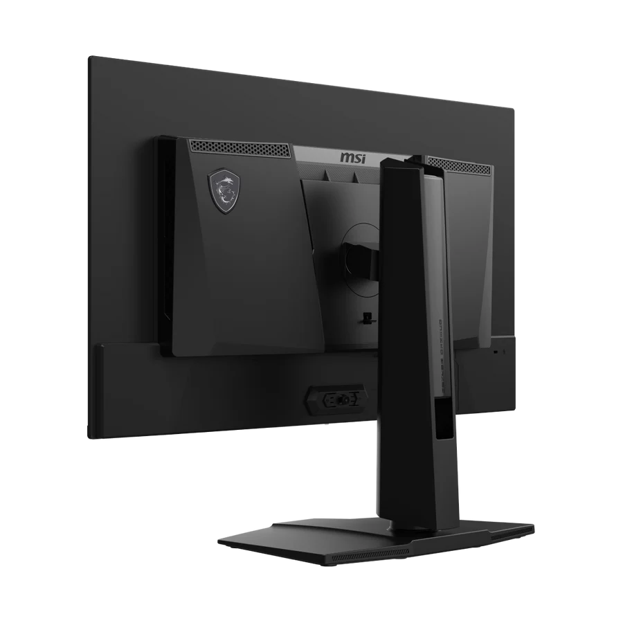 Vista trasera de un monitor gaming MSI negro con su soporte sobre fondo negro.