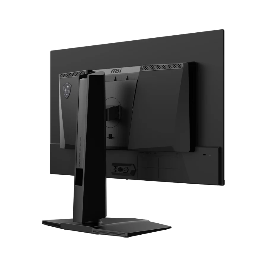 Parte trasera de un monitor MSI negro con soporte y puertos.