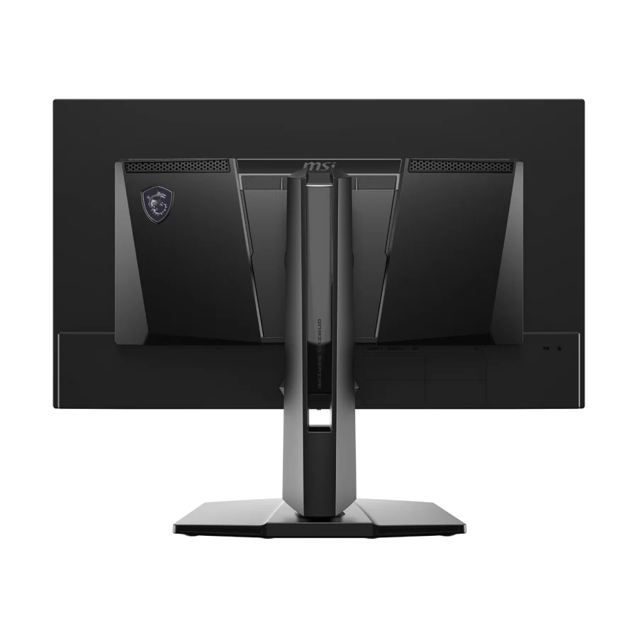 Parte trasera de un monitor negro con logo MSI y soporte plateado.
