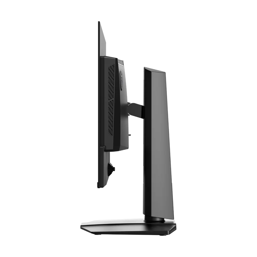 Un monitor de computadora negro con un perfil delgado y un soporte robusto, visto de lado.