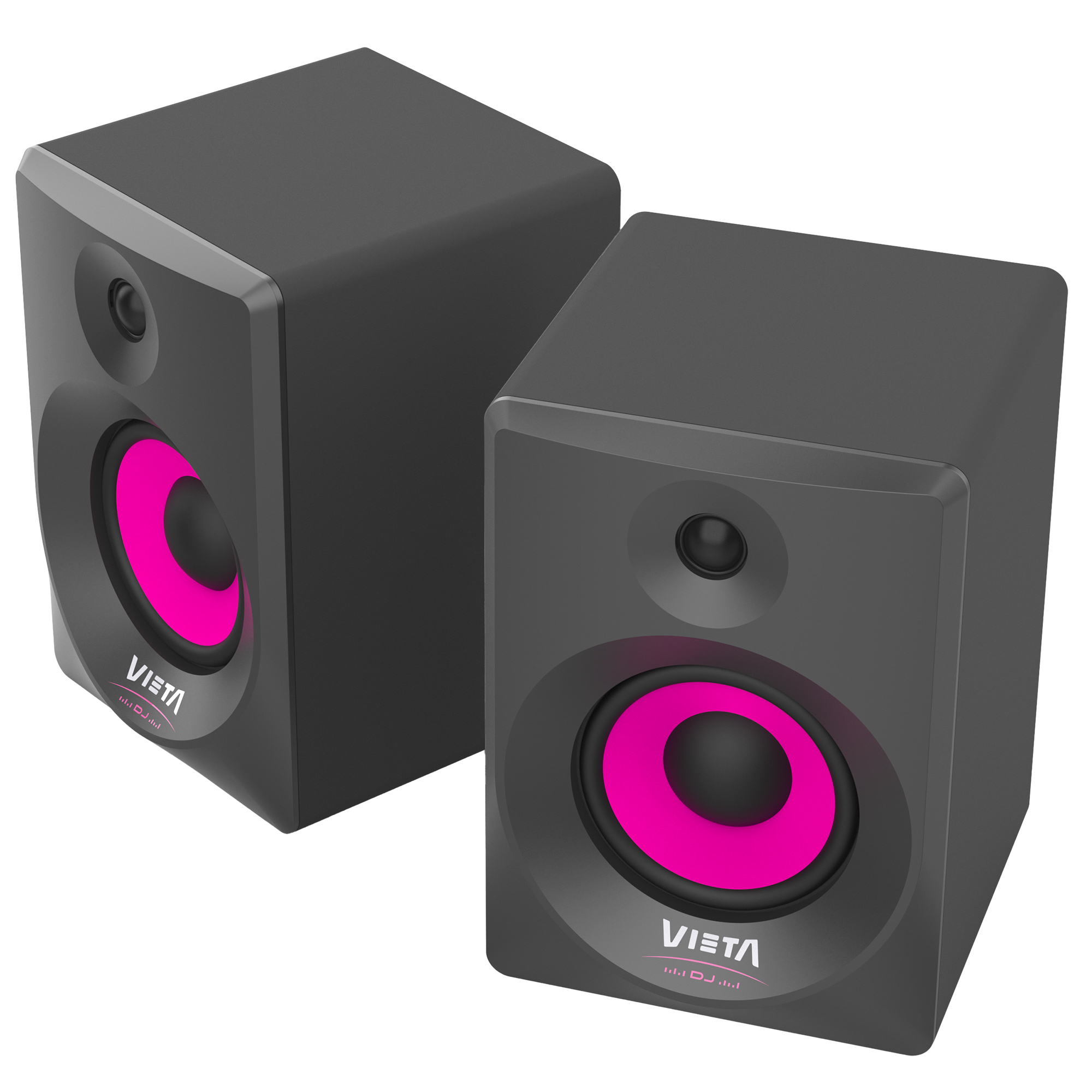 Dos altavoces negros con detalles rosas sobre fondo blanco.