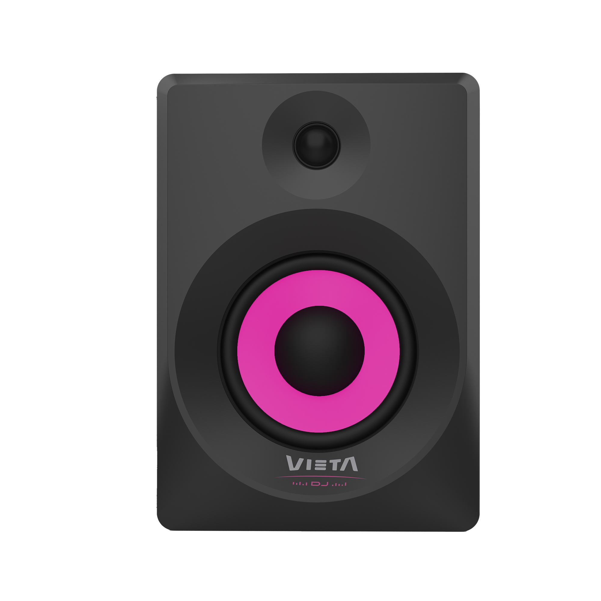 Altavoz negro con anillo rosa alrededor del woofer y logo plateado.