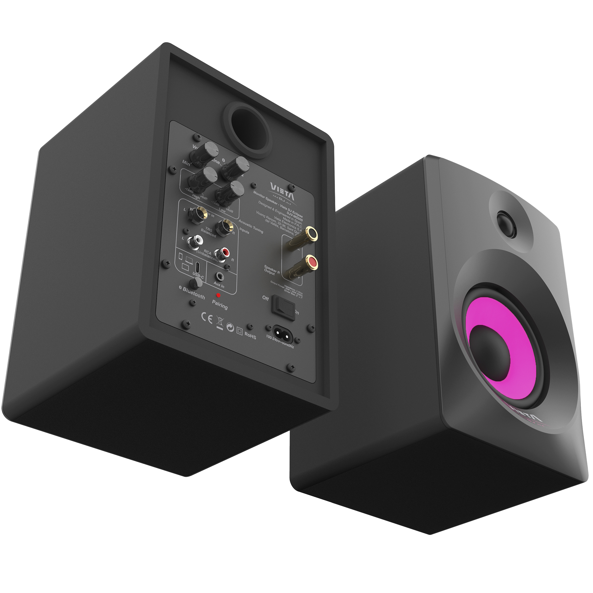 Dos altavoces negros, uno con cono rosa. Panel trasero con conexiones y controles.