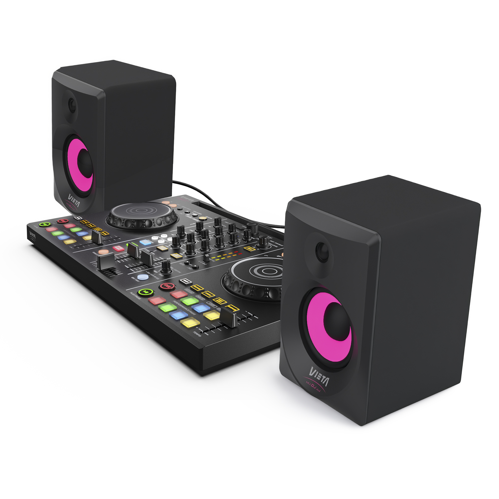 Controlador DJ negro con dos altavoces con conos rosas.
