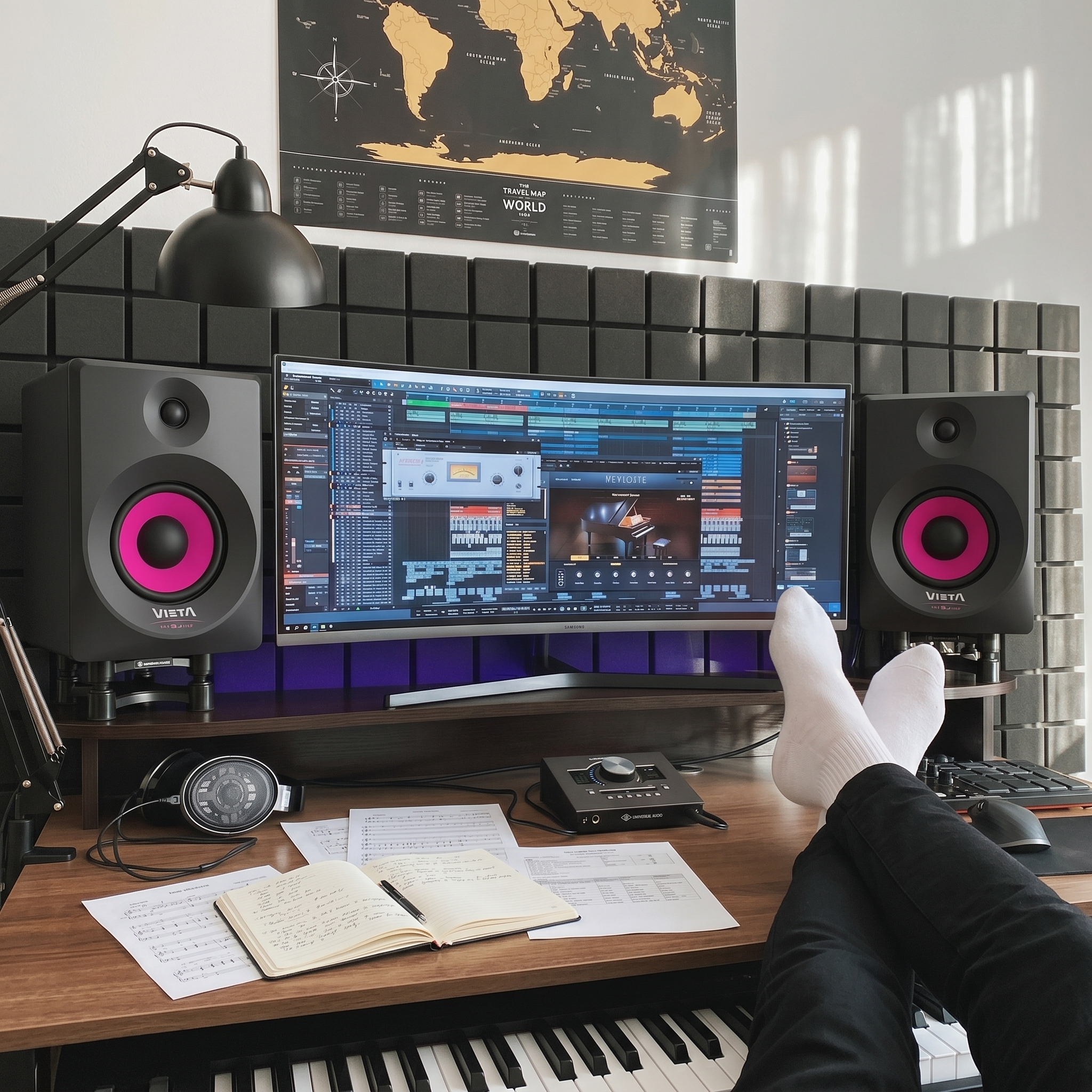 Un escritorio moderno de producción musical con altavoces, monitor y partituras.