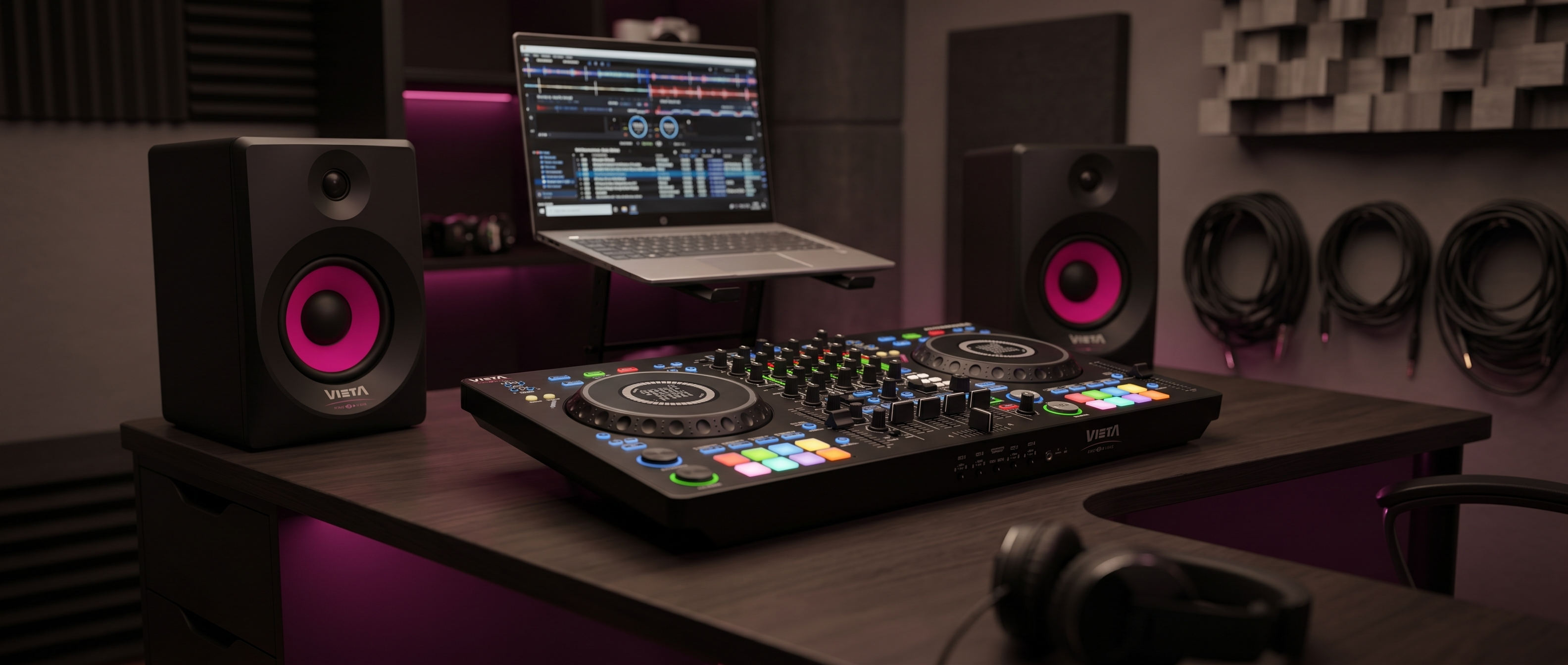 Controlador DJ, portátil, dos altavoces y auriculares sobre un escritorio.