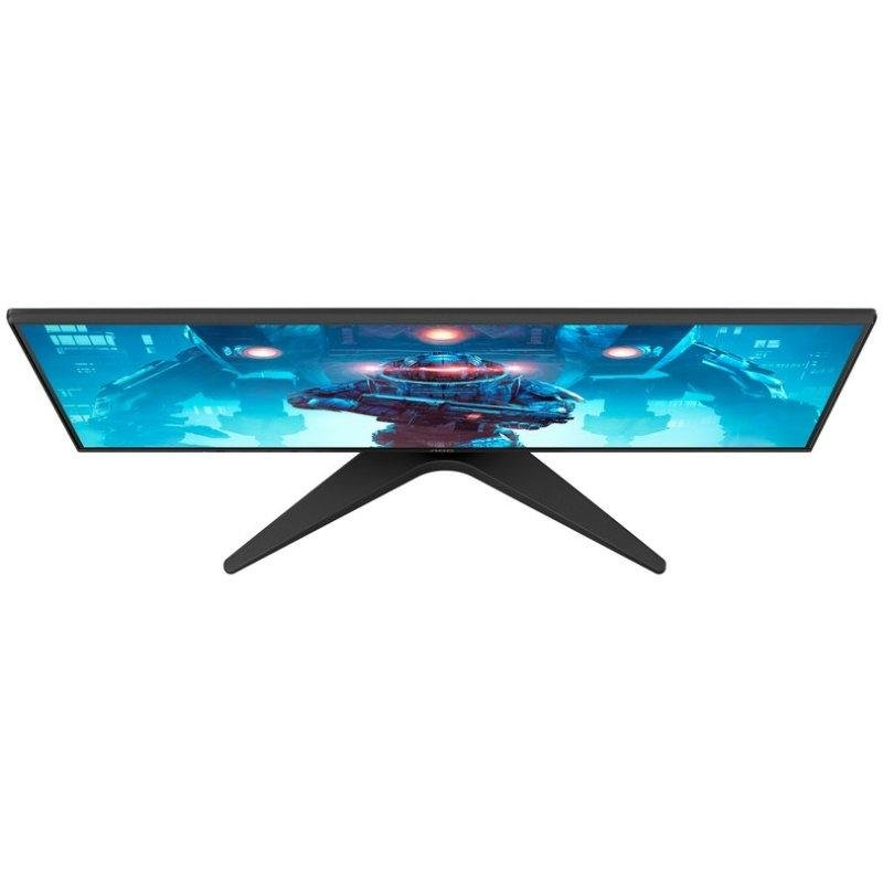 Un monitor gaming muestra una imagen futurista, con un soporte en V debajo.