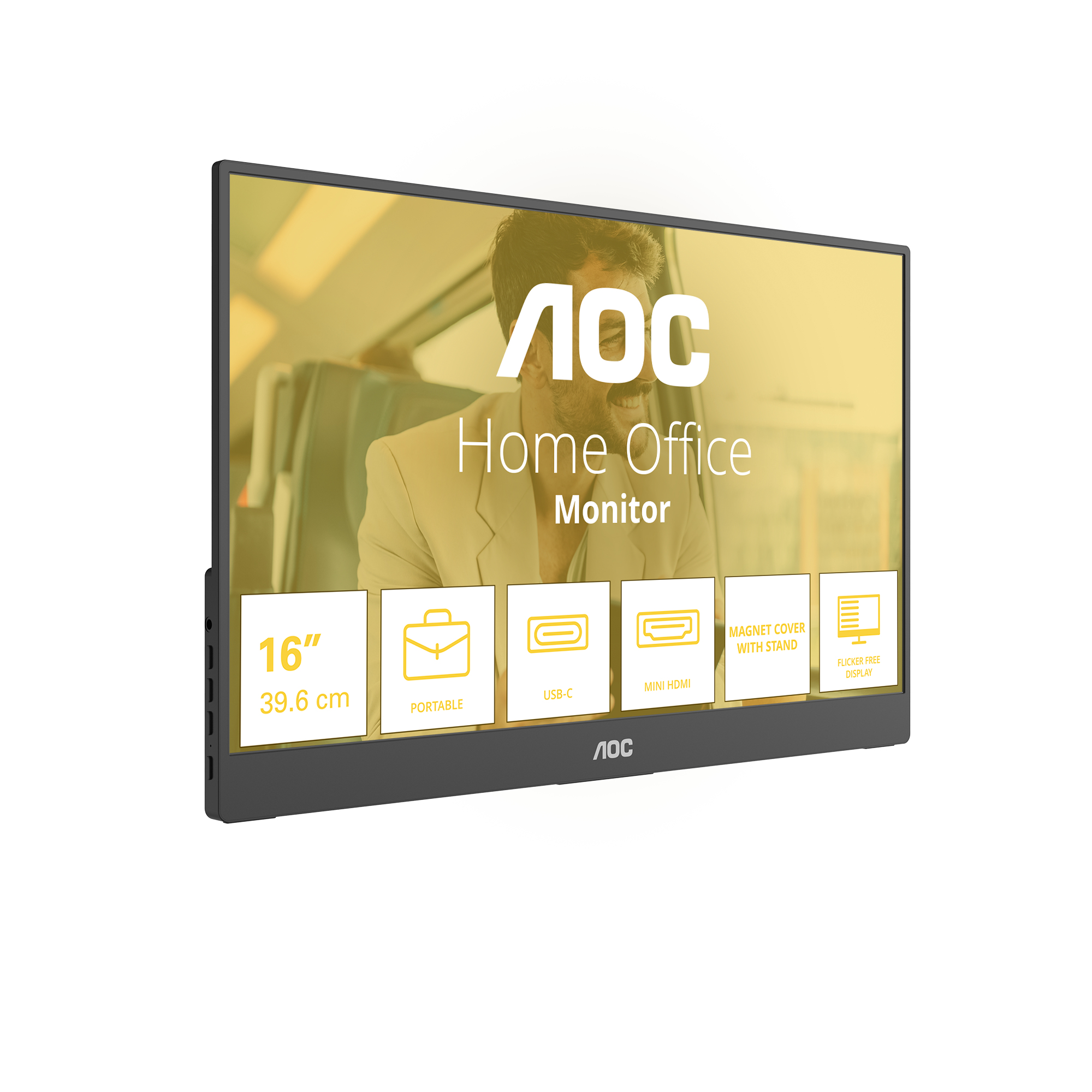 Monitor AOC de 16" con logo, texto "Home Office" e iconos.