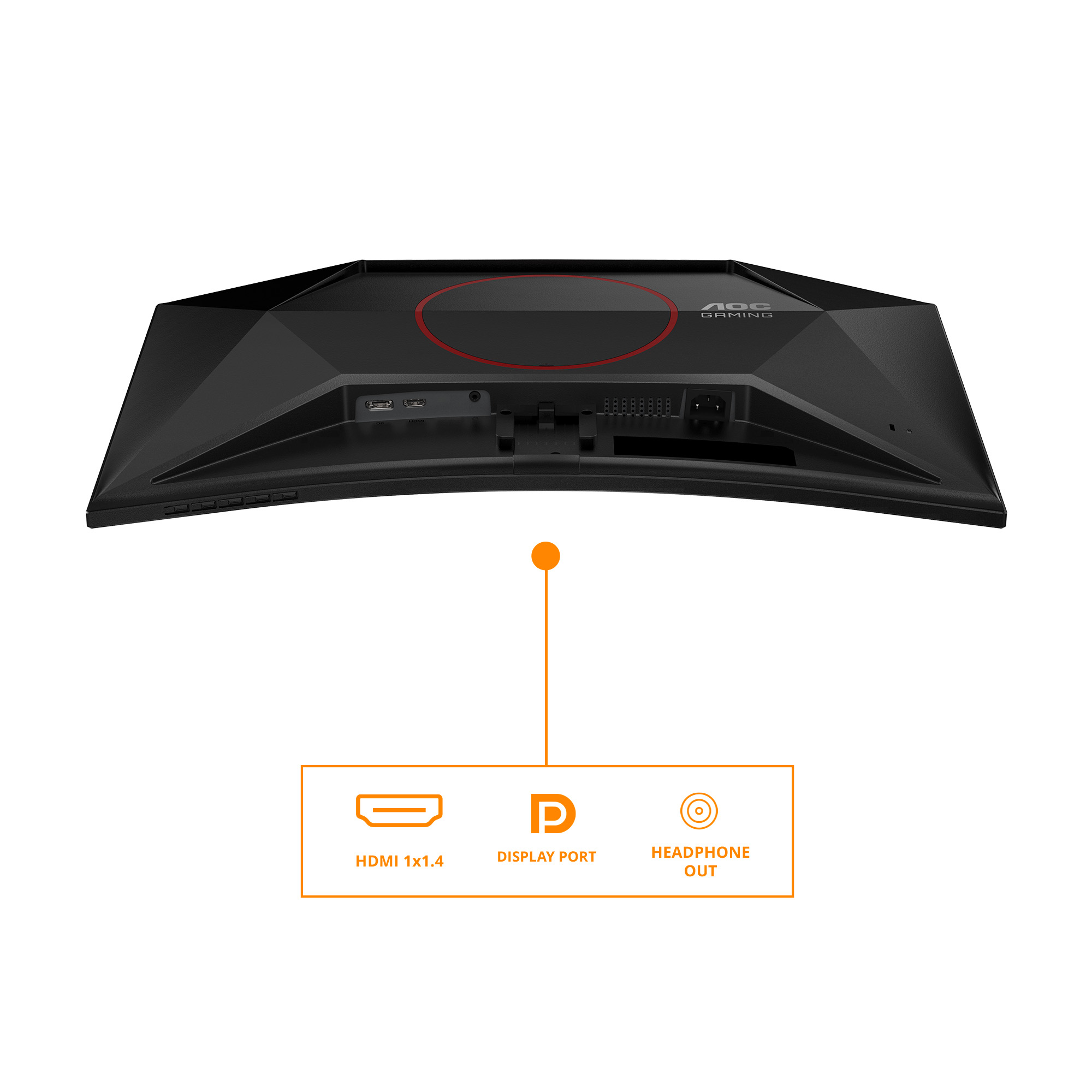 Vista trasera de un monitor AOC Gaming negro mostrando puertos: HDMI, DisplayPort, Salida de auriculares.