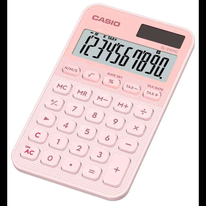 Una calculadora Casio rosa con una gran pantalla que muestra '1234567890.'