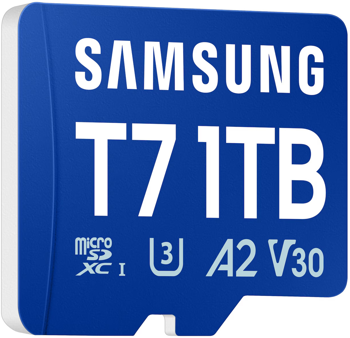 Niebieska karta Samsung microSDXC 1 TB z oznaczeniami U3, A2, V30.