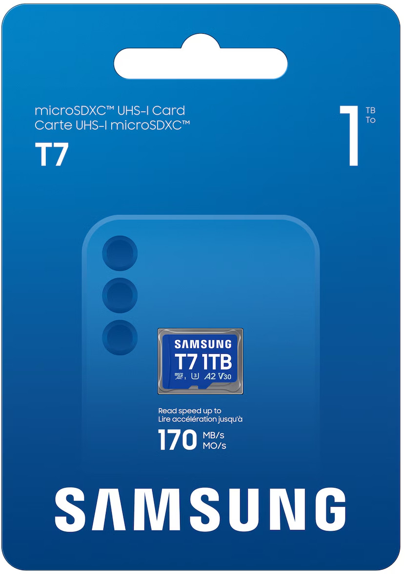 Opakowanie karty microSDXC UHS-I Samsung T7 1TB, prędkość odczytu 170 MB/s.
