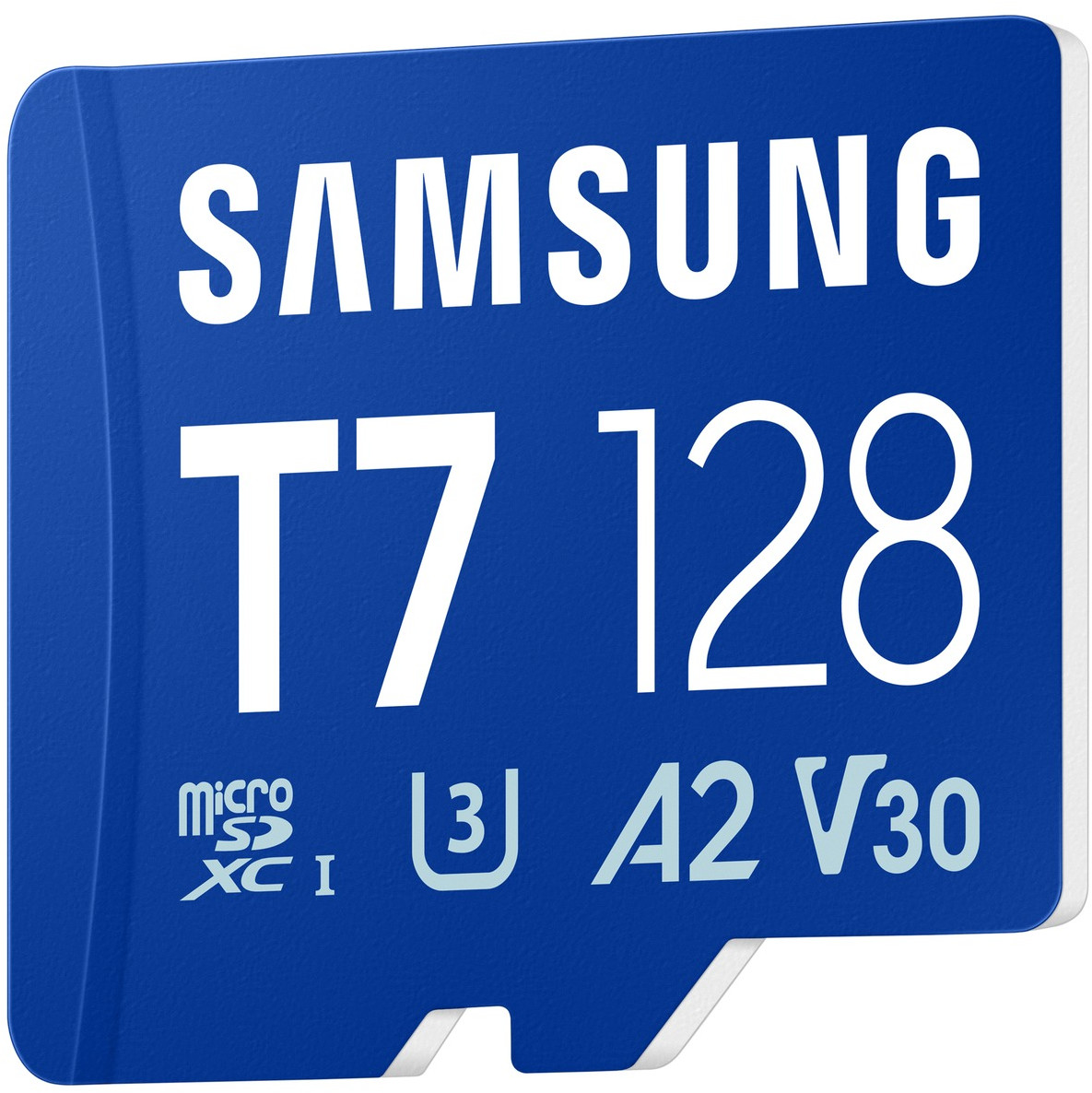 Niebieska karta microSD Samsung z oznaczeniem T7 128GB, A2 V30.