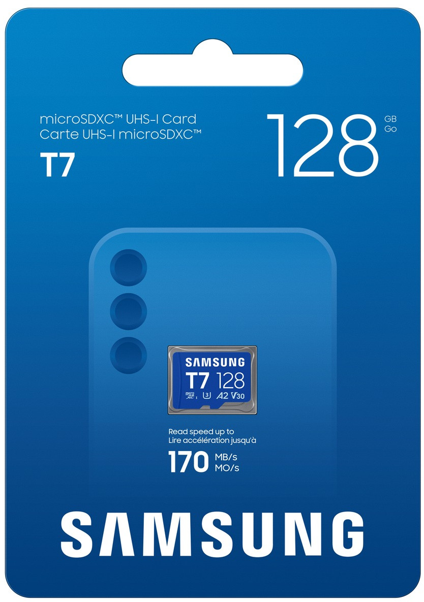 Opakowanie karty microSDXC T7 128 GB z prędkością odczytu 170 MB/s.