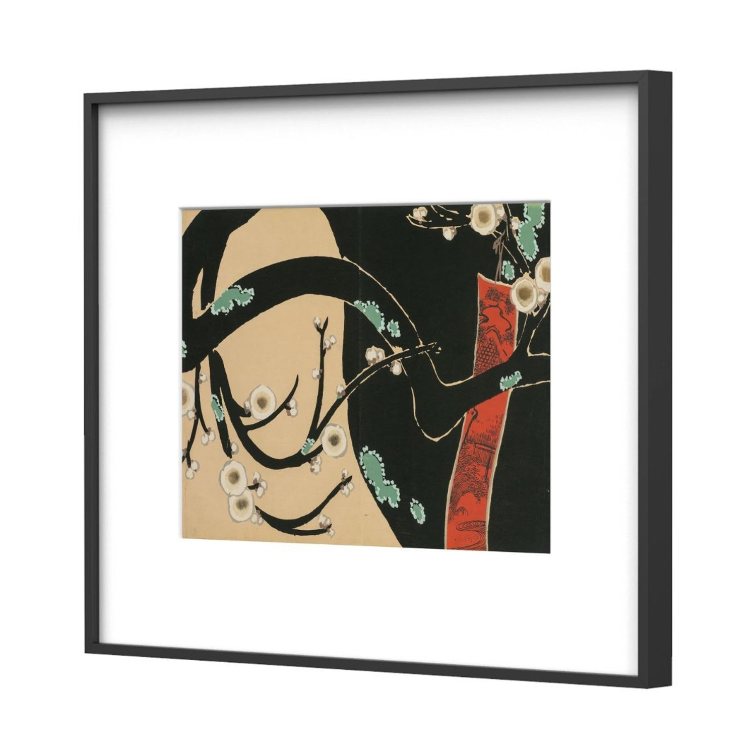 Arte giapponese incorniciata: ramo nero con fiori bianchi e foglie verdi.