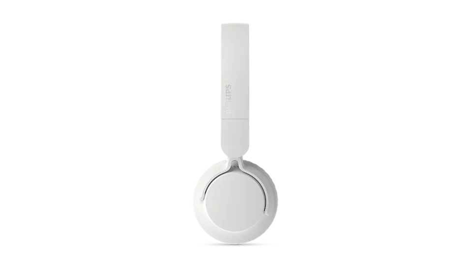 Fehér fejhallgató Philips logóval a fejpánton, fekete háttéren.