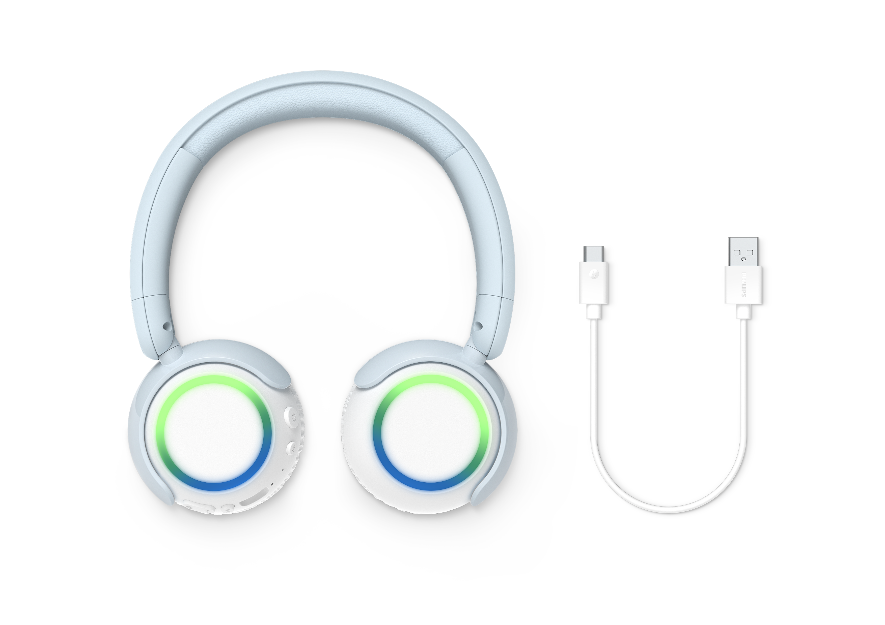 Világoskék fejhallgató világító zöld és kék gyűrűkkel, mellette fehér USB-C kábel.