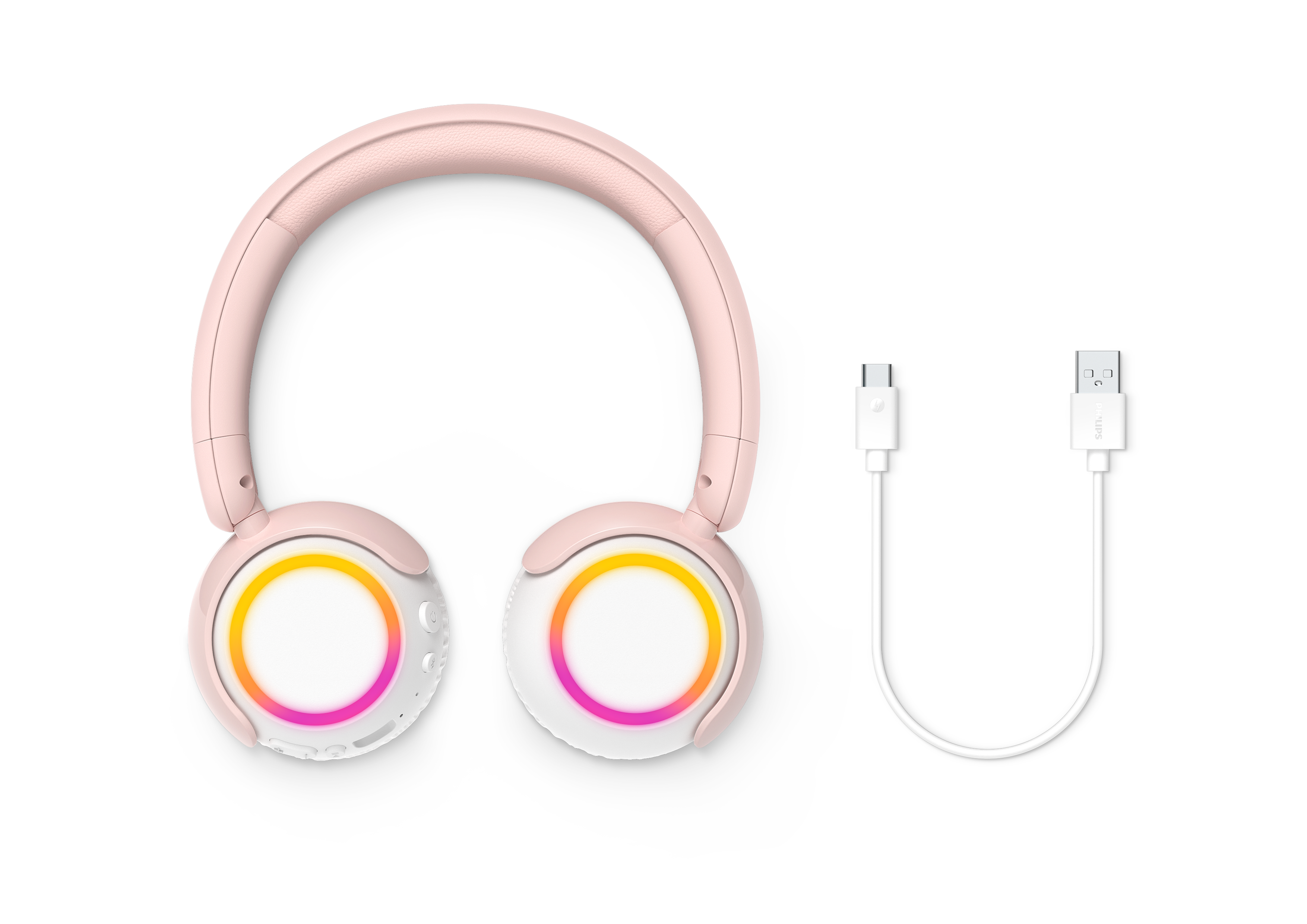 Rózsaszín fejhallgató megvilágított körrel és USB-C töltőkábellel, fehér háttéren.