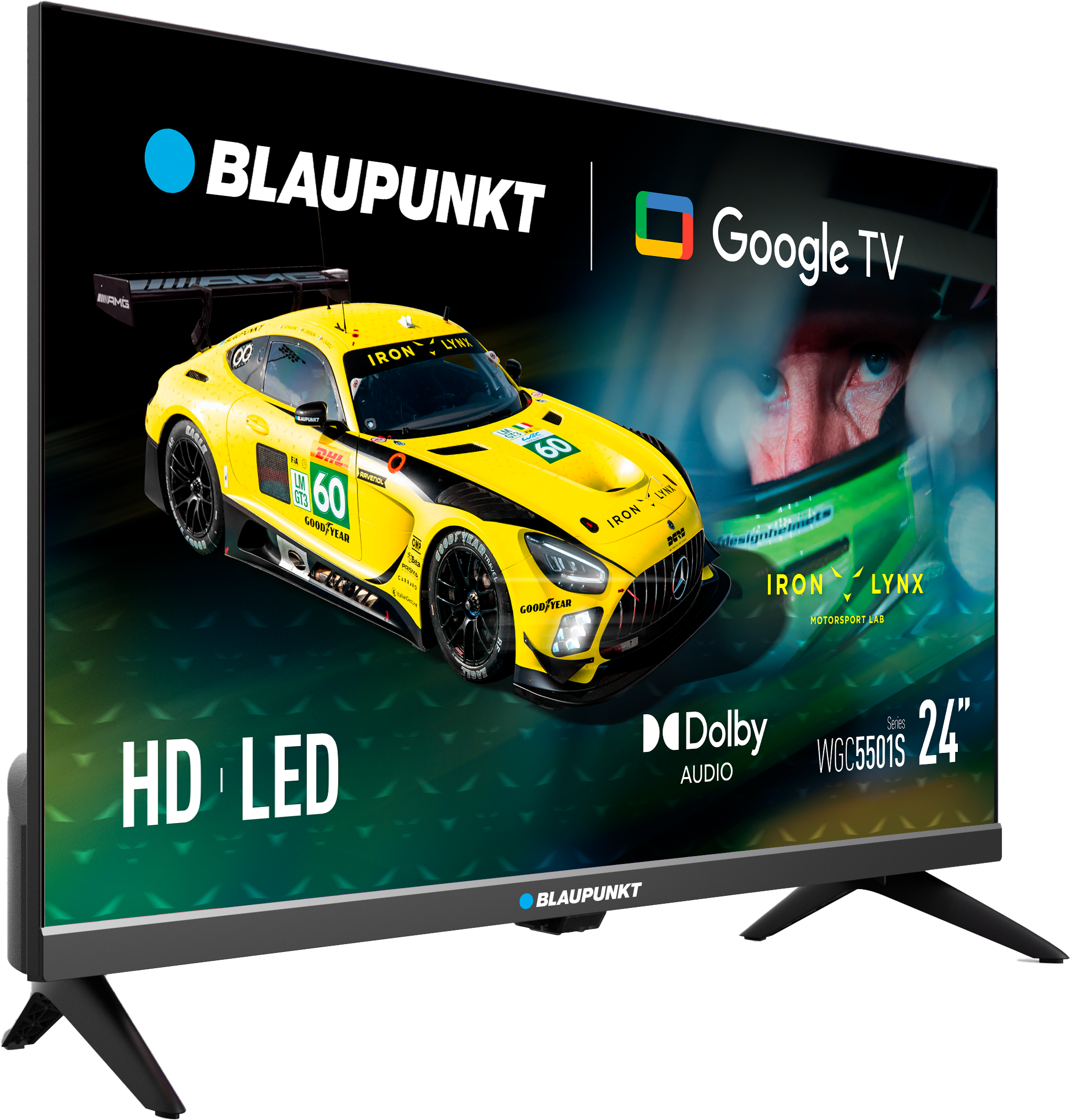 Telewizor Blaupunkt wyświetla żółty samochód wyścigowy i logo Google TV. HD LED 24".
