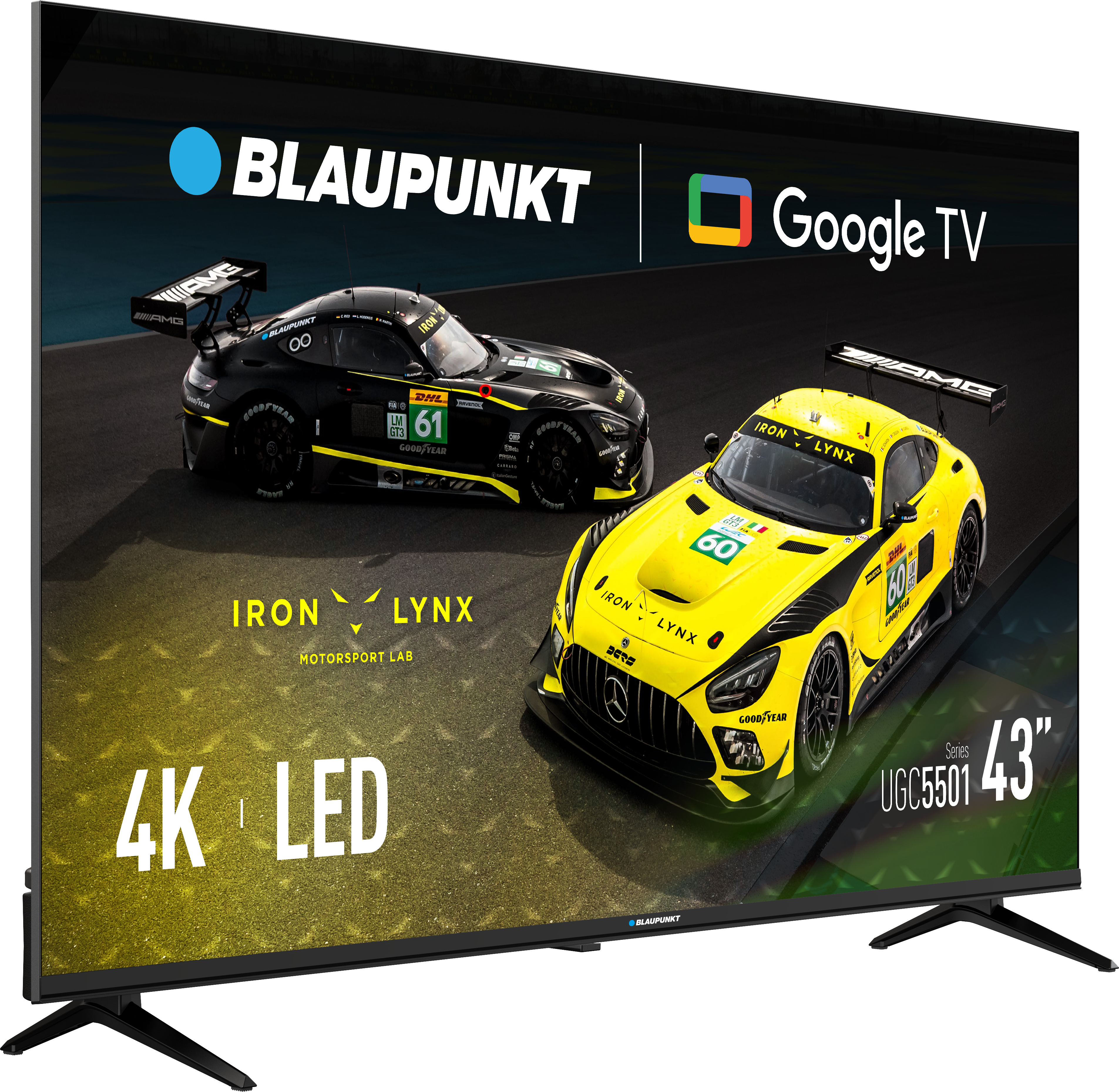 Telewizor Blaupunkt 4K LED prezentuje dwa samochody wyścigowe, żółty i czarny.