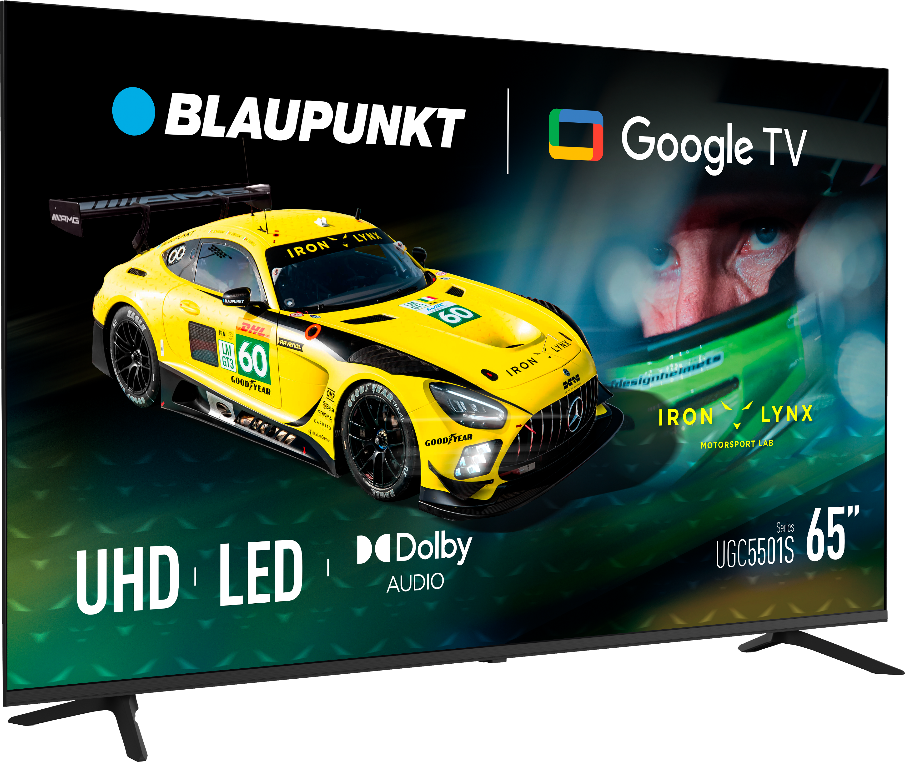 Blaupunkt Google TV z żółtym samochodem wyścigowym i kierowcą. 65" UHD LED.