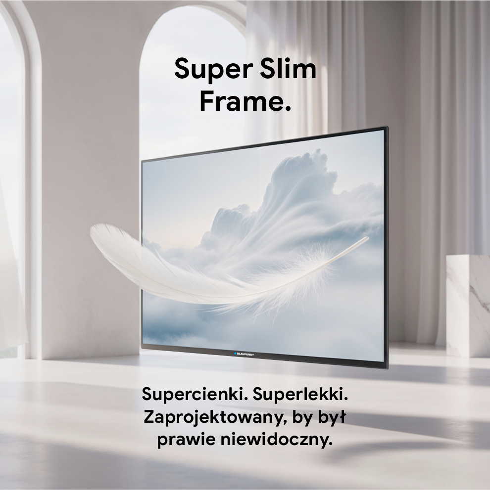 Smukły telewizor z chmurami i piórem. Super cienka ramka.